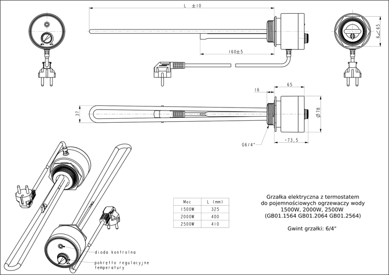 HEATER WITH THERMOSTAT 2500W 6/4" TO THE BOILER (GB01.2564P)