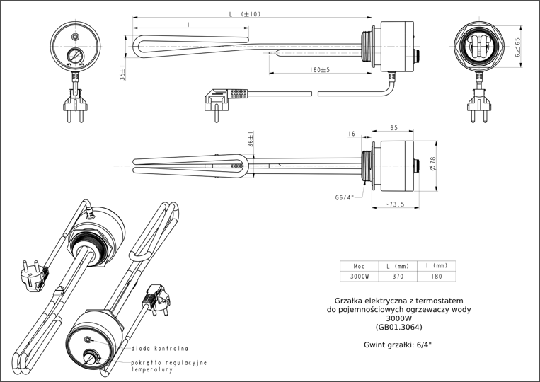 HEATER WITH THERMOSTAT 3000W 6/4" TO THE BOILER (GB01.3064G)