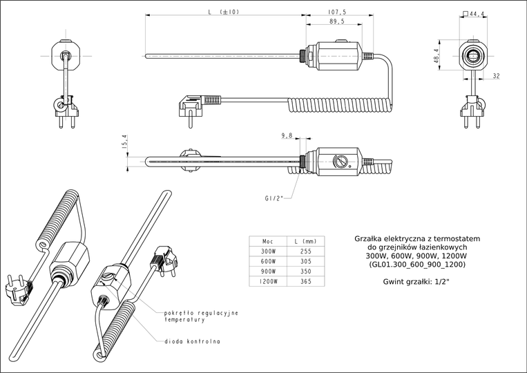 GRZAŁKA ELEKTR. DO GRZEJNIKA 600W CZARNA (GL01.600BK)