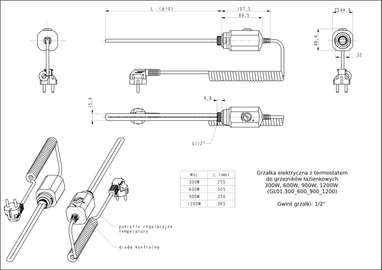 GRZAŁKA ELEKTR. DO GRZEJNIKA  300W CZARNY MAT (GL01.300BKM)