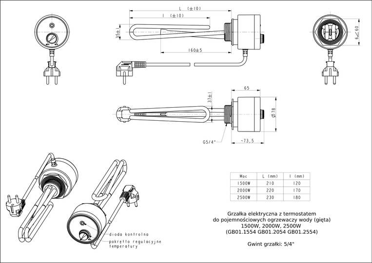 HEATING ELEMENTS WITH THERMOSTAT TO STERILIZER 1500W 5/4" - HEXAGON (GB01.1554S-SZ)